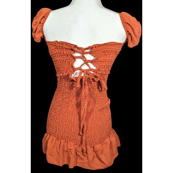 Sublime Retro Festival Burnt Orange Ruched Lace Back Mini Dress - Picture 2 of 3